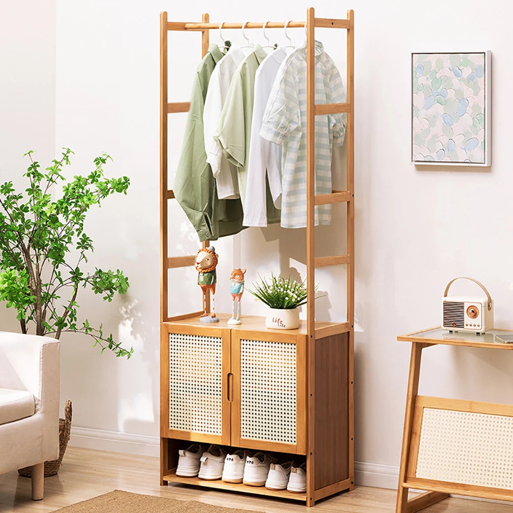 Bamboo Garment Rack Heavy Duty Coat Stand Wardrobe With Shelves