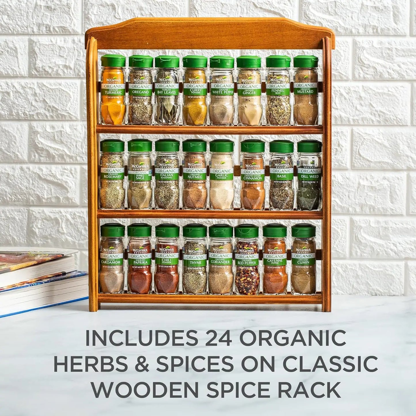 Three-Tier Wood Spice Rack With Organic Herbs And Spices