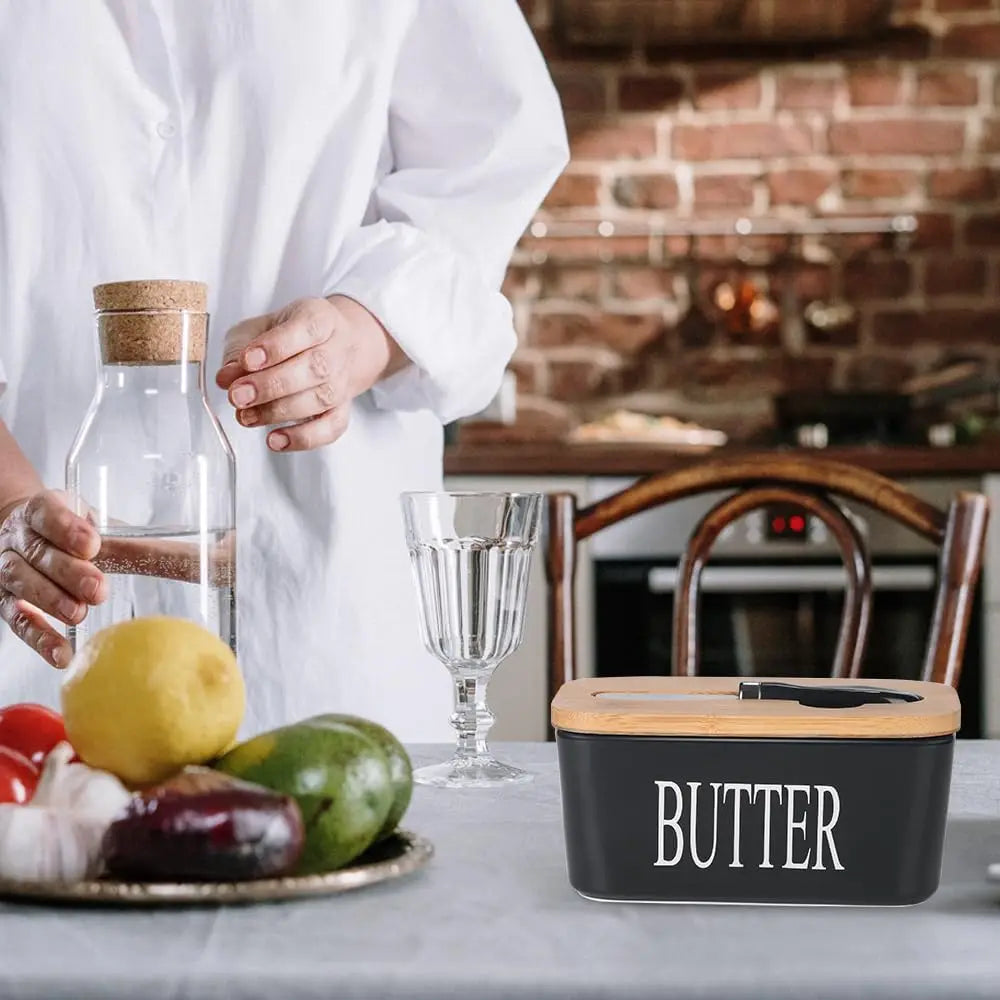 Ceramic Butter Dish With Wooden Lid Stainless Knife Bamboo Cover