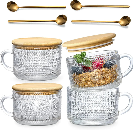 NONED Vintage Glass Cups Set With Wooden Lids Four-Piece Collection