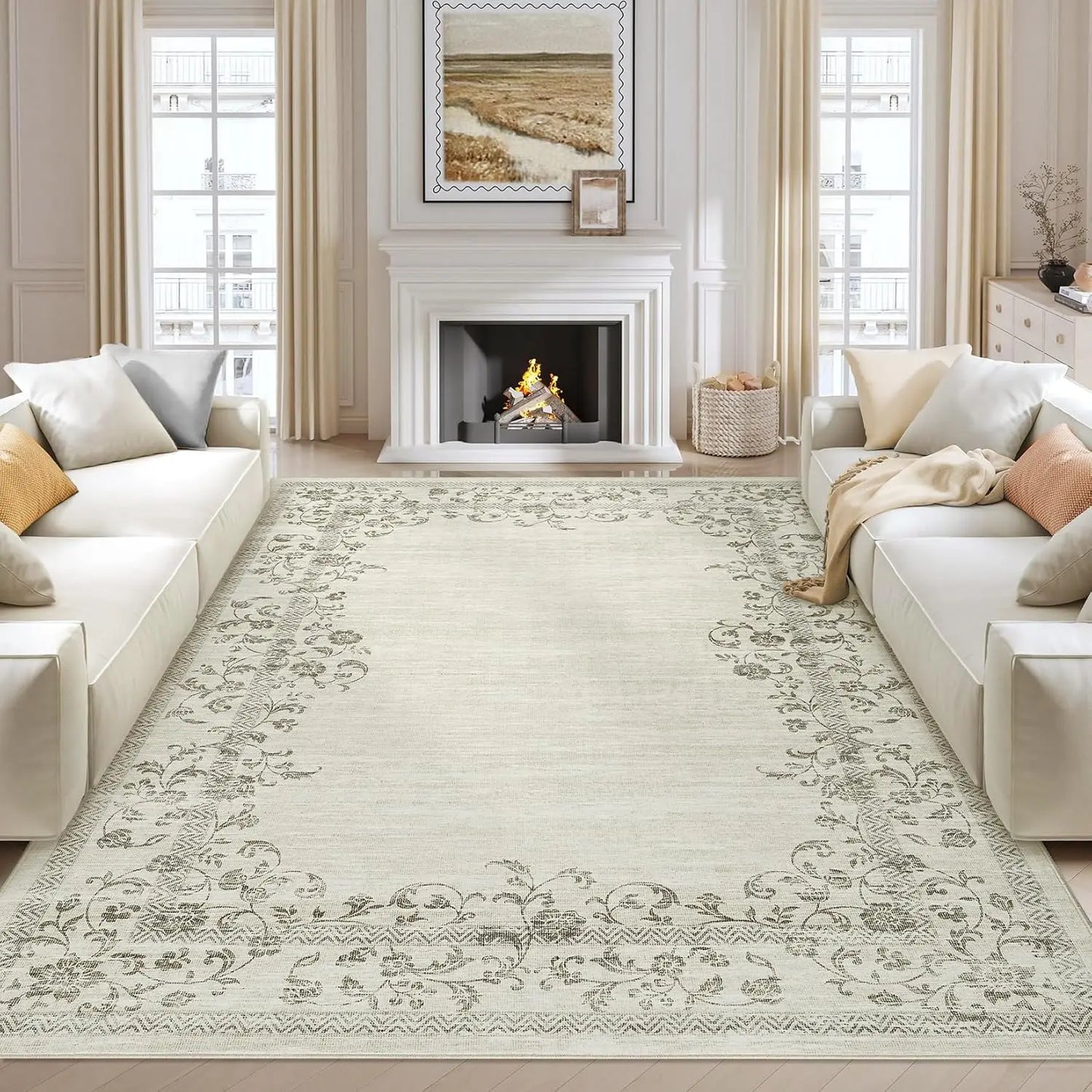 HiMISS Floral Border Washable Area Rug For Living Room And Bedroom