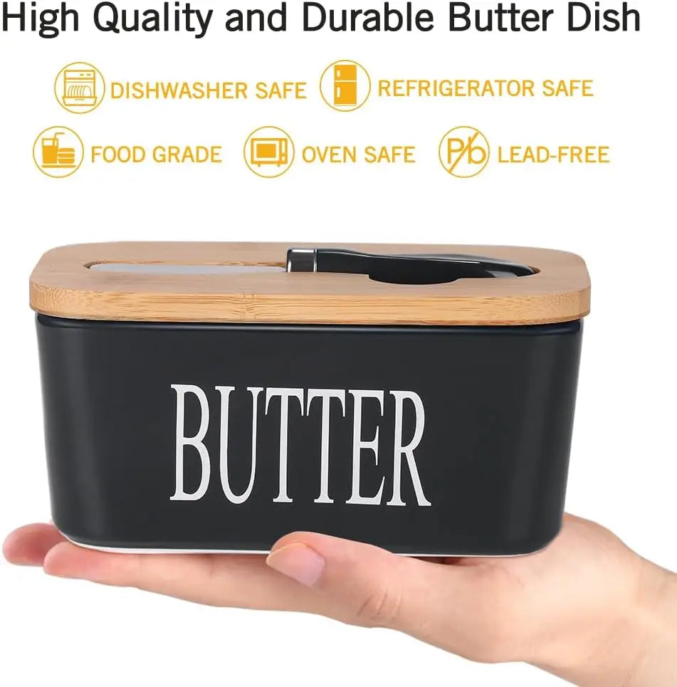 Ceramic Butter Dish With Wooden Lid Stainless Knife Bamboo Cover