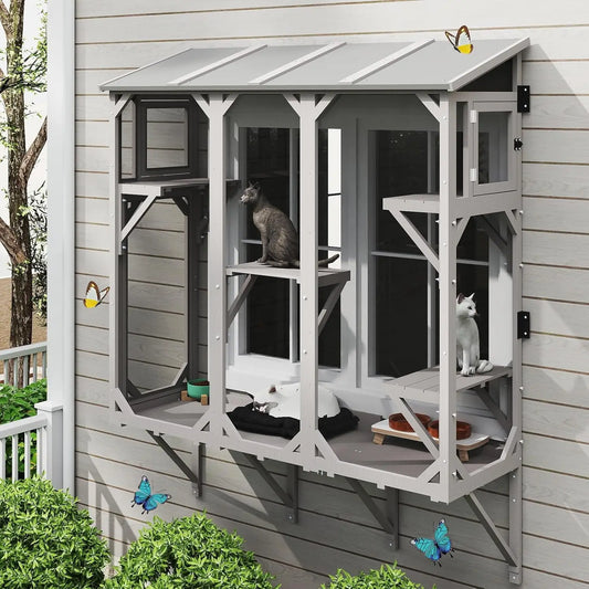 Expandable Window Catio For Indoor Cats Wooden Pet Perch Enclosure