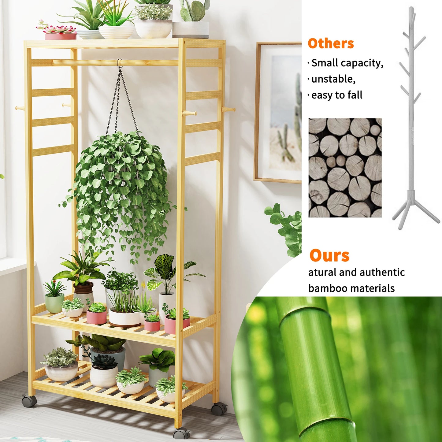 Heavy Duty Bamboo Wood Clothes Rack With Side Hooks