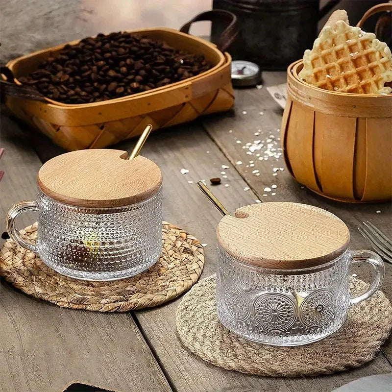 NONED Vintage Glass Cups Set With Wooden Lids Four-Piece Collection