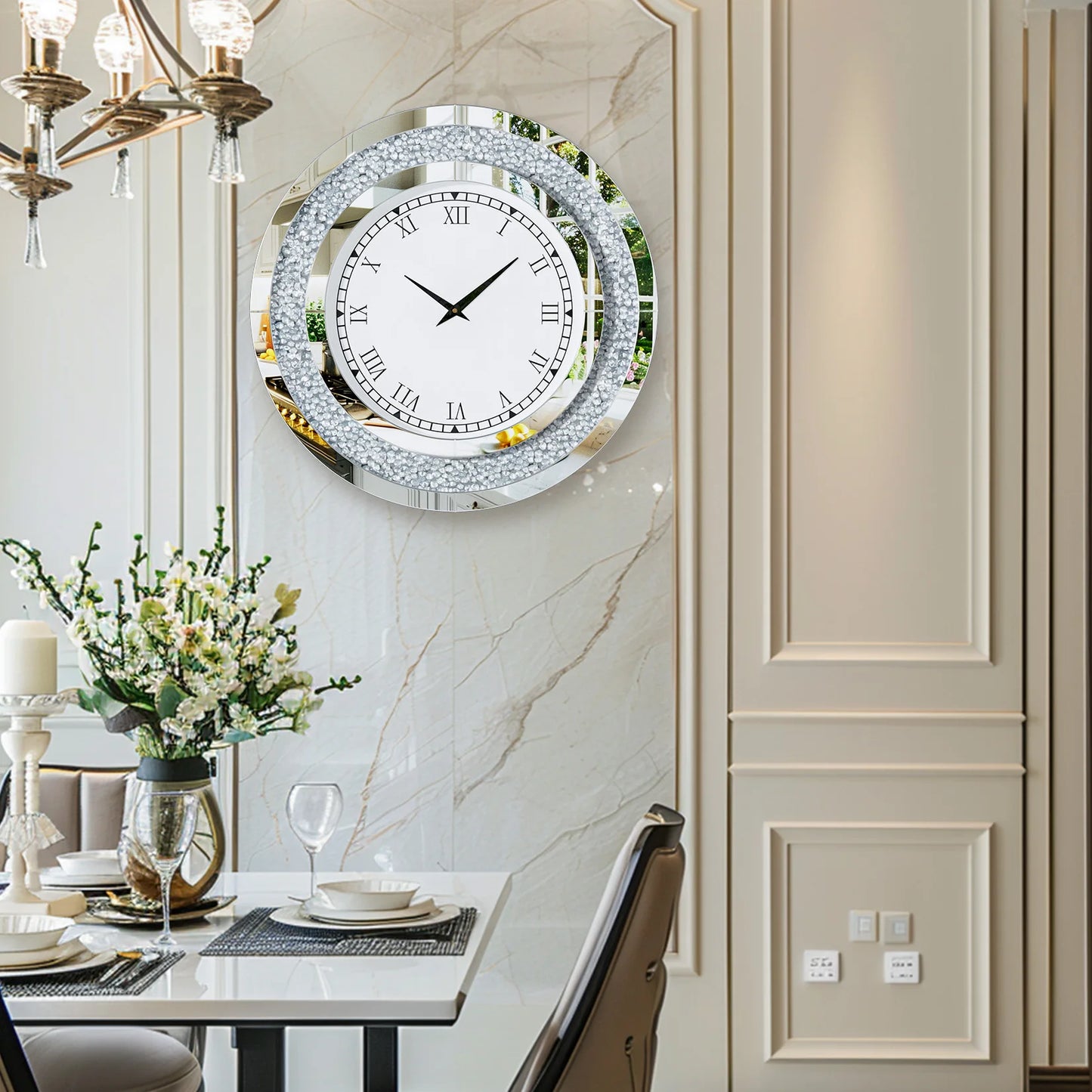 Round Mirror With Crystal Accents Wall Clock For Living Room