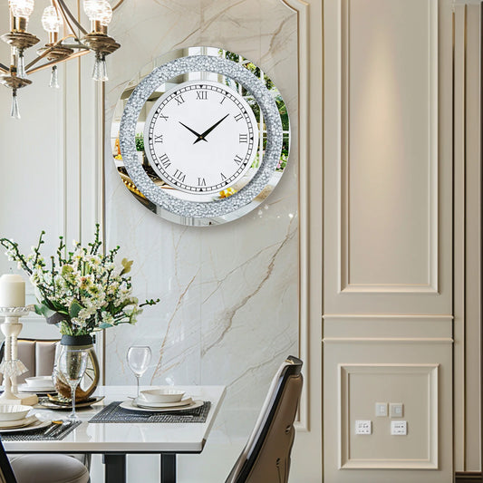 Round Mirror With Crystal Accents Wall Clock For Living Room
