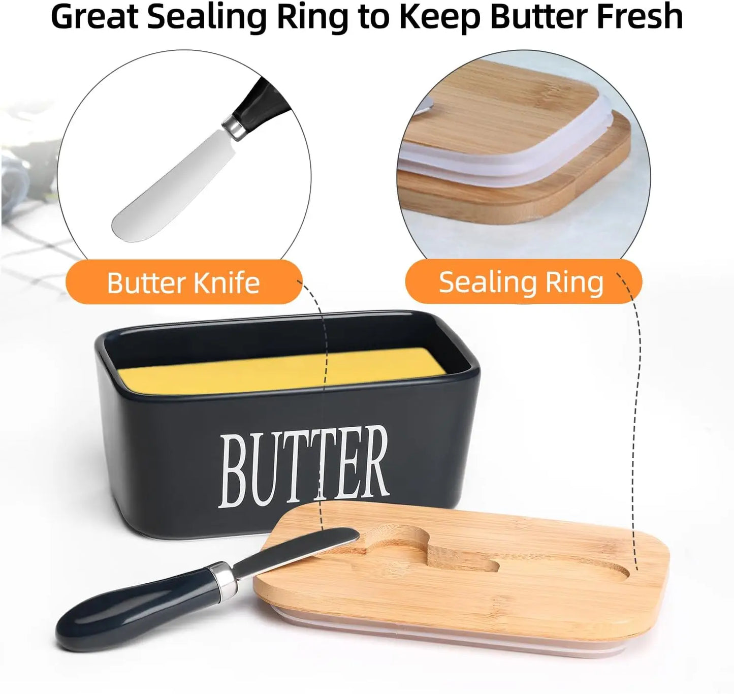 Ceramic Butter Dish With Wooden Lid Stainless Knife Bamboo Cover