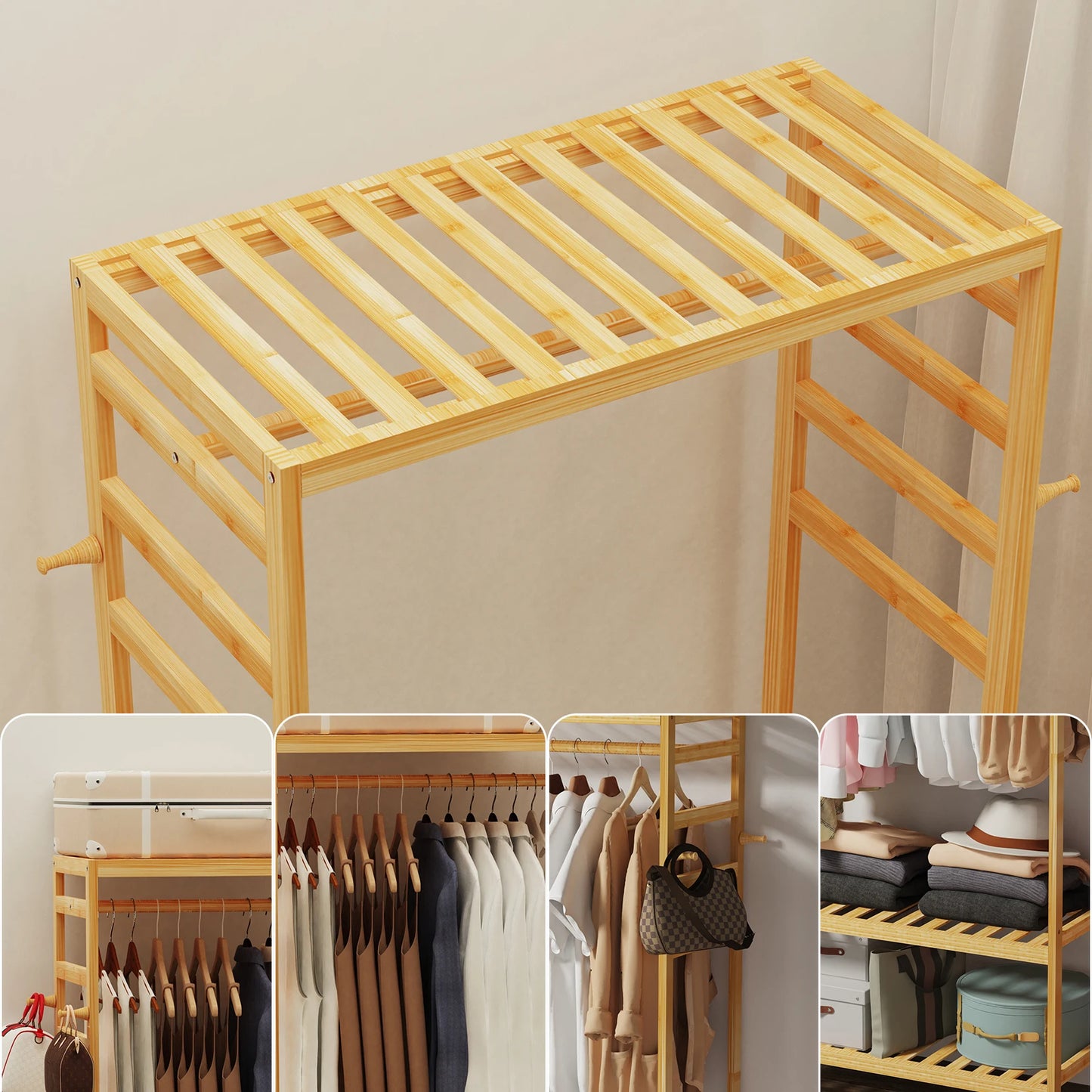 Heavy Duty Bamboo Clothes Rail With Side Hooks Open Wardrobe
