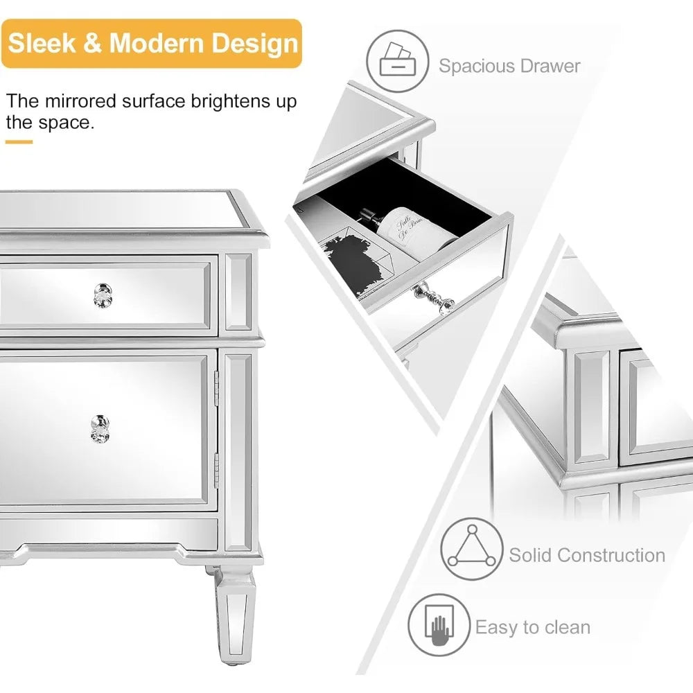 Mirrored Nightstand Bedside Table With Drawer And Cabinet