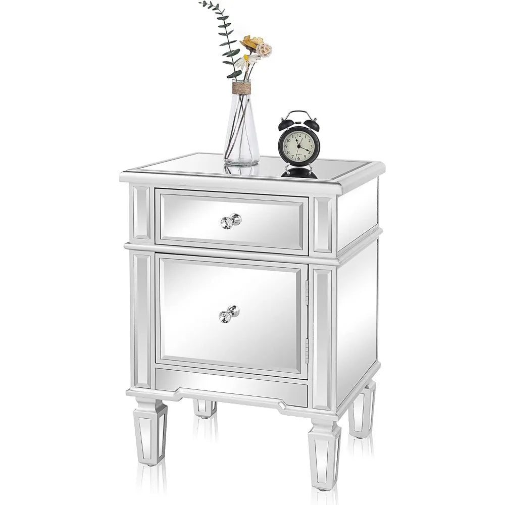 Mirrored Nightstand Bedside Table With Drawer And Cabinet