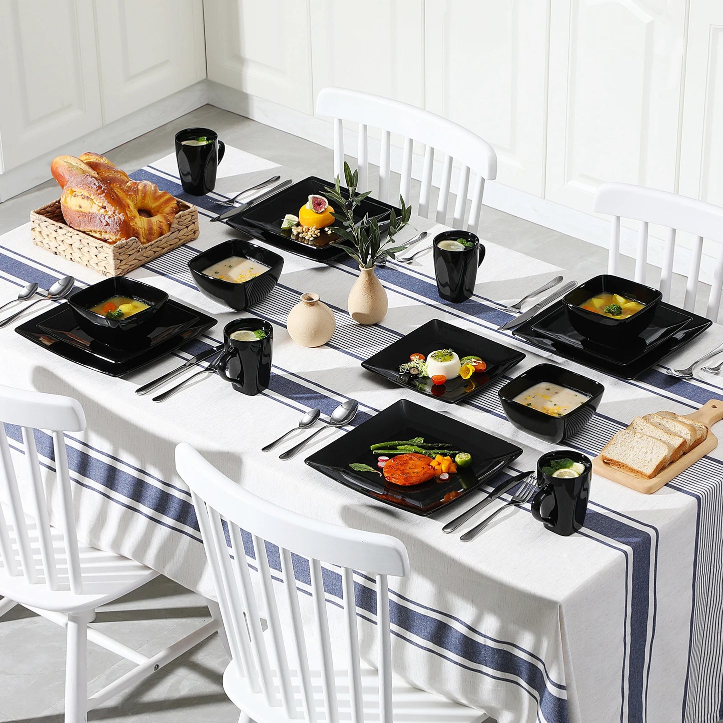 MALACASA SOHO Porcelain Square Dinnerware Set Plates Bowls Mugs 16 32 48 Pieces
