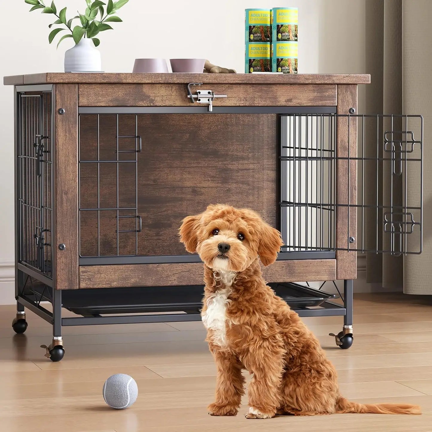 HiMISS Rustic Dog Crate Furniture With Wheels End Table Kennel