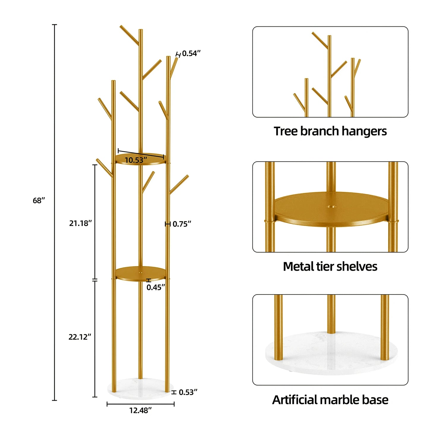 Heavy Duty Marble Coat Rack Stand Gold Metal