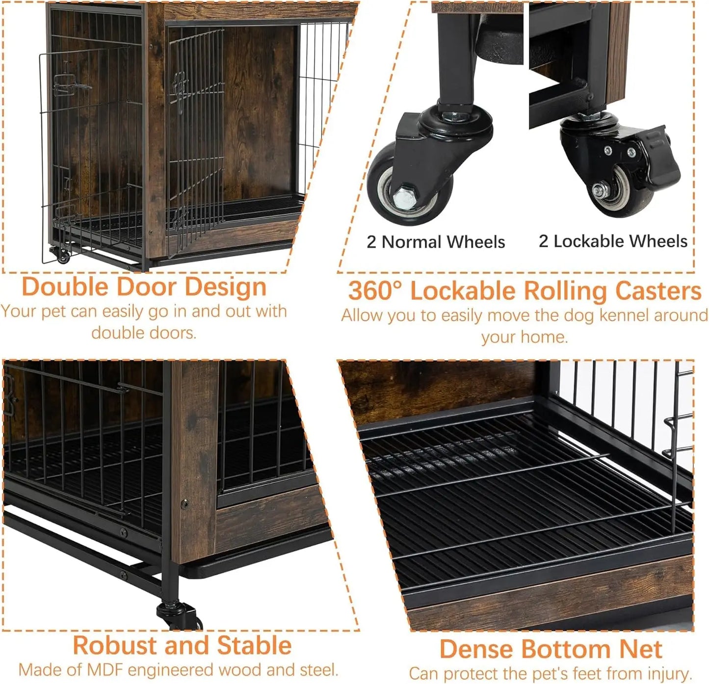 HiMISS Rustic Dog Crate Furniture With Wheels End Table Kennel