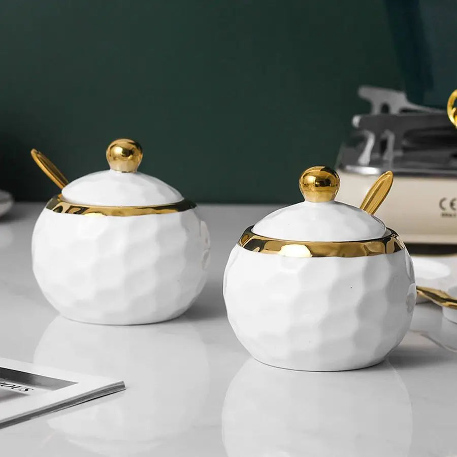 Porcelain Sugar Bowl Condiment Pot Salt Container With Lid