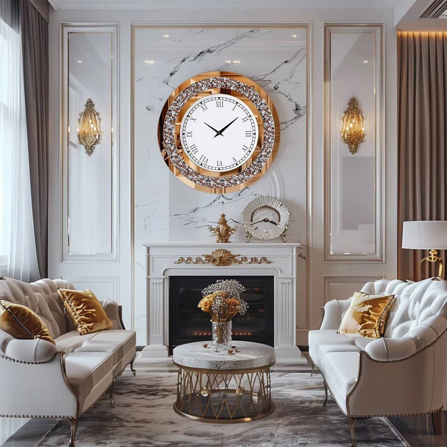 Round Mirror With Crystal Accents Wall Clock For Living Room