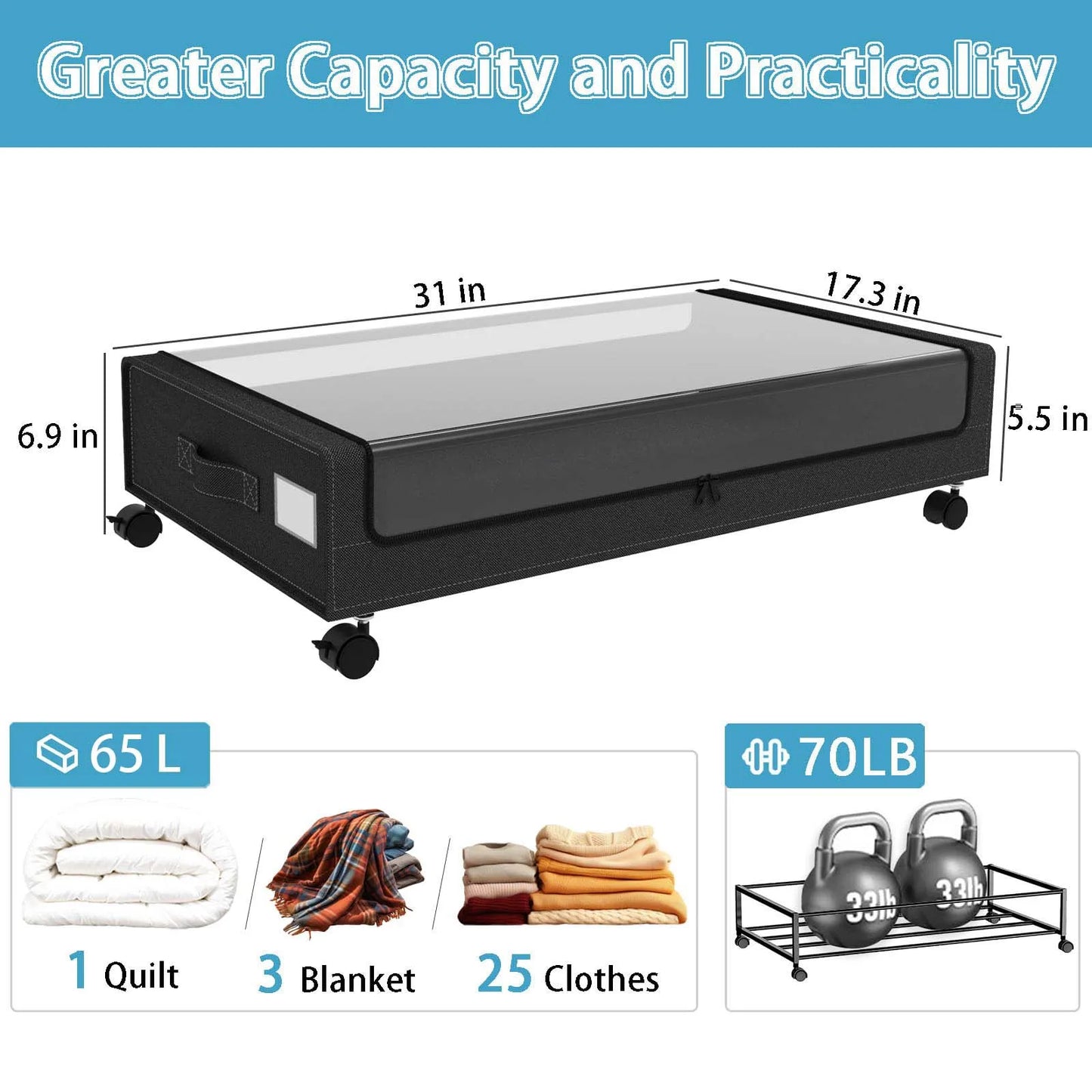 Under Bed Storage With Wheels 2-Pack Clear Lids