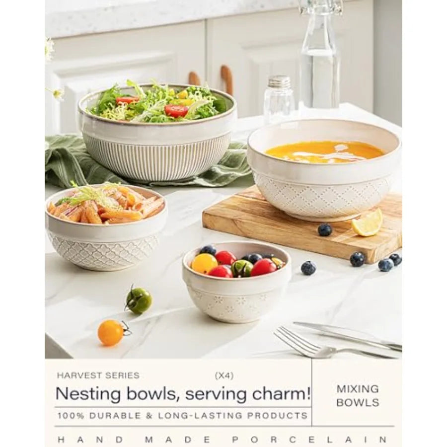 Ceramic Stoneware Nesting Serving Bowls Set Microwave Safe Dishwasher Safe