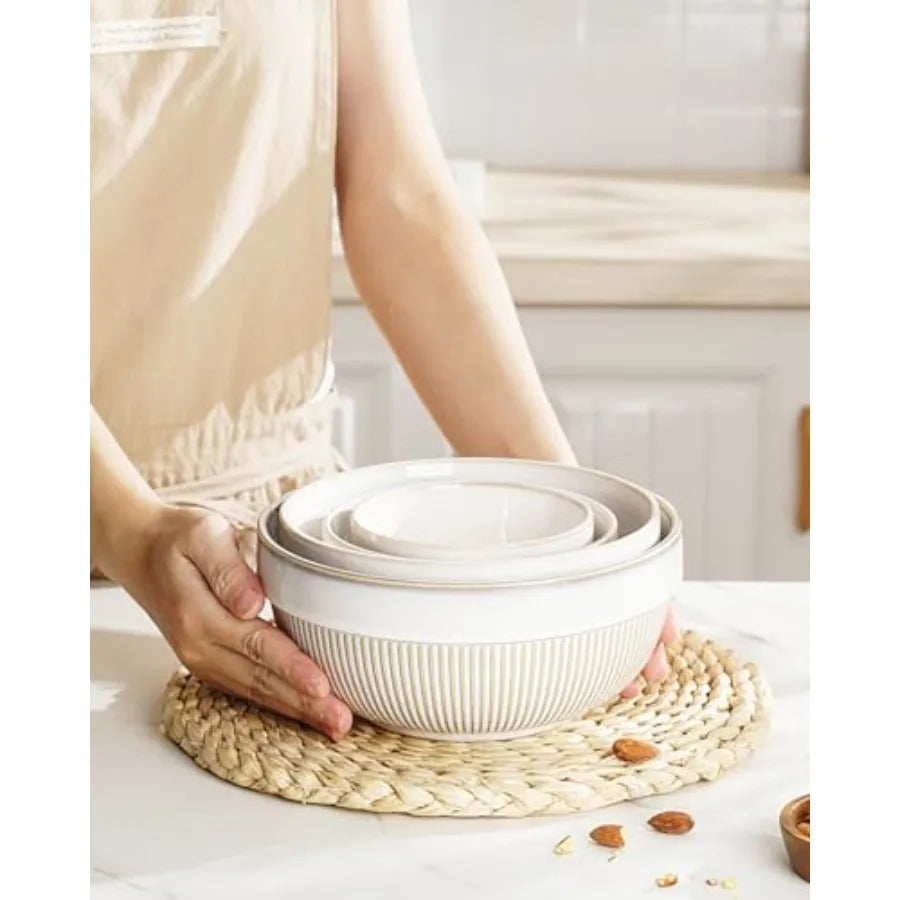 Ceramic Stoneware Nesting Serving Bowls Set Microwave Safe Dishwasher Safe