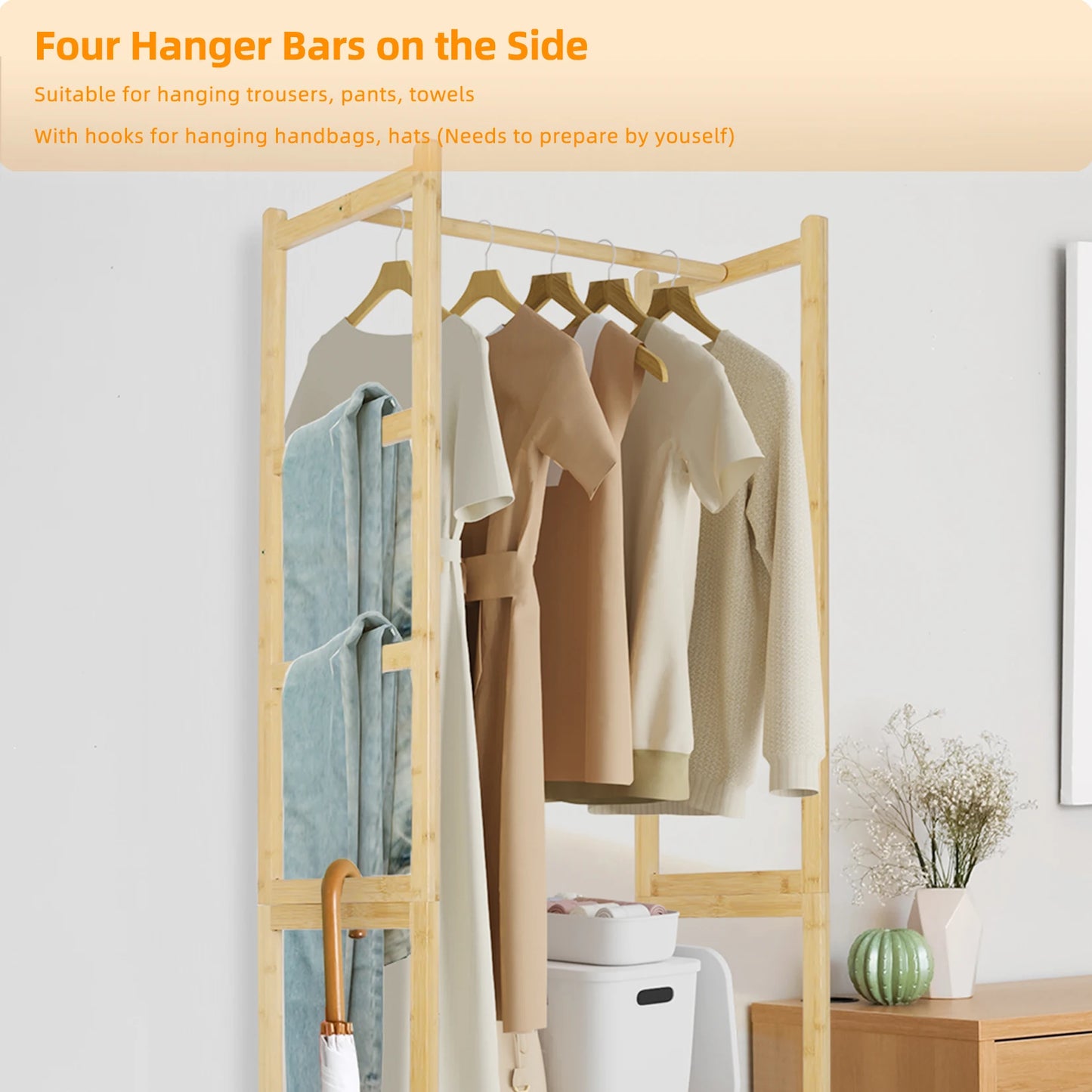 Bamboo Garment Rack Heavy Duty Coat Stand Wardrobe With Shelves