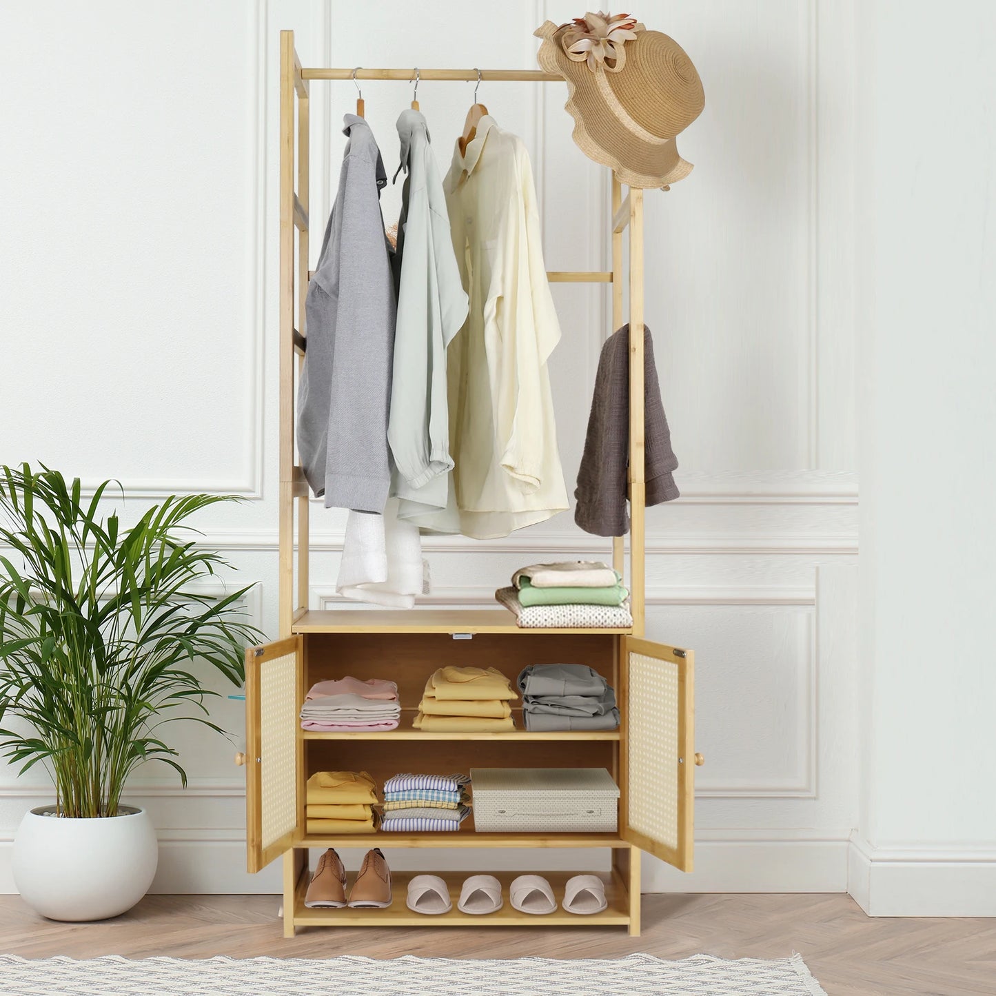 Bamboo Garment Rack Heavy Duty Coat Stand Wardrobe With Shelves