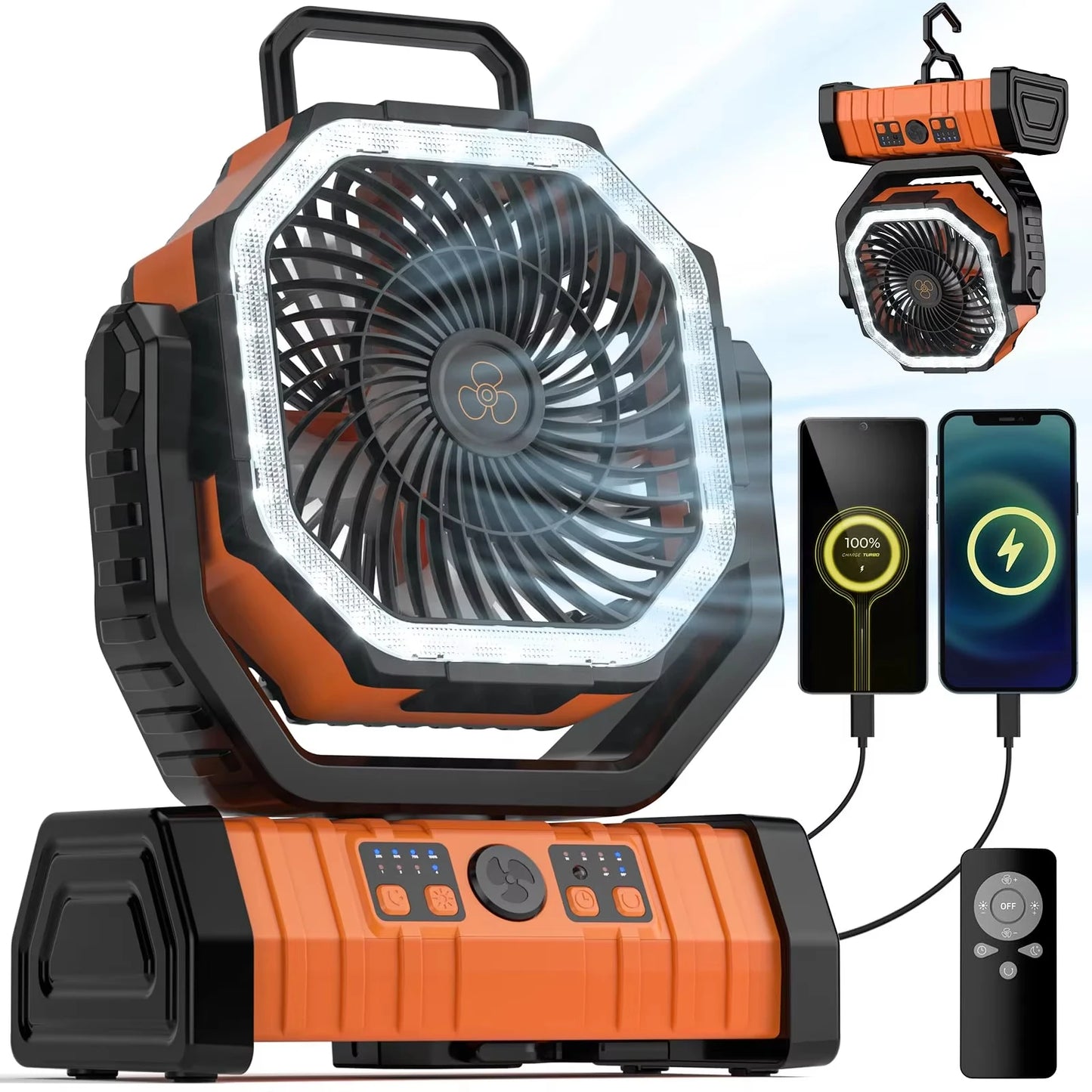 Camping Fan 20000mAh Battery Powered Rechargeable Tent Fan LED Light