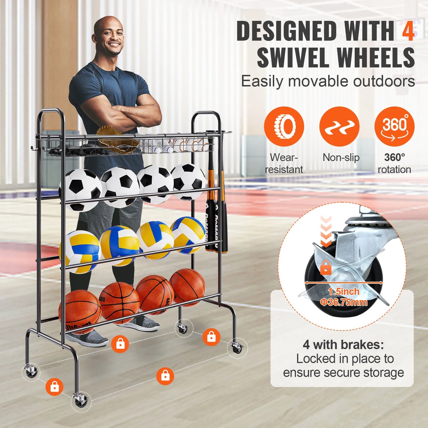 VEVOR Four-Layer Basketball Rack With Wheels Rolling Stand And Organizer