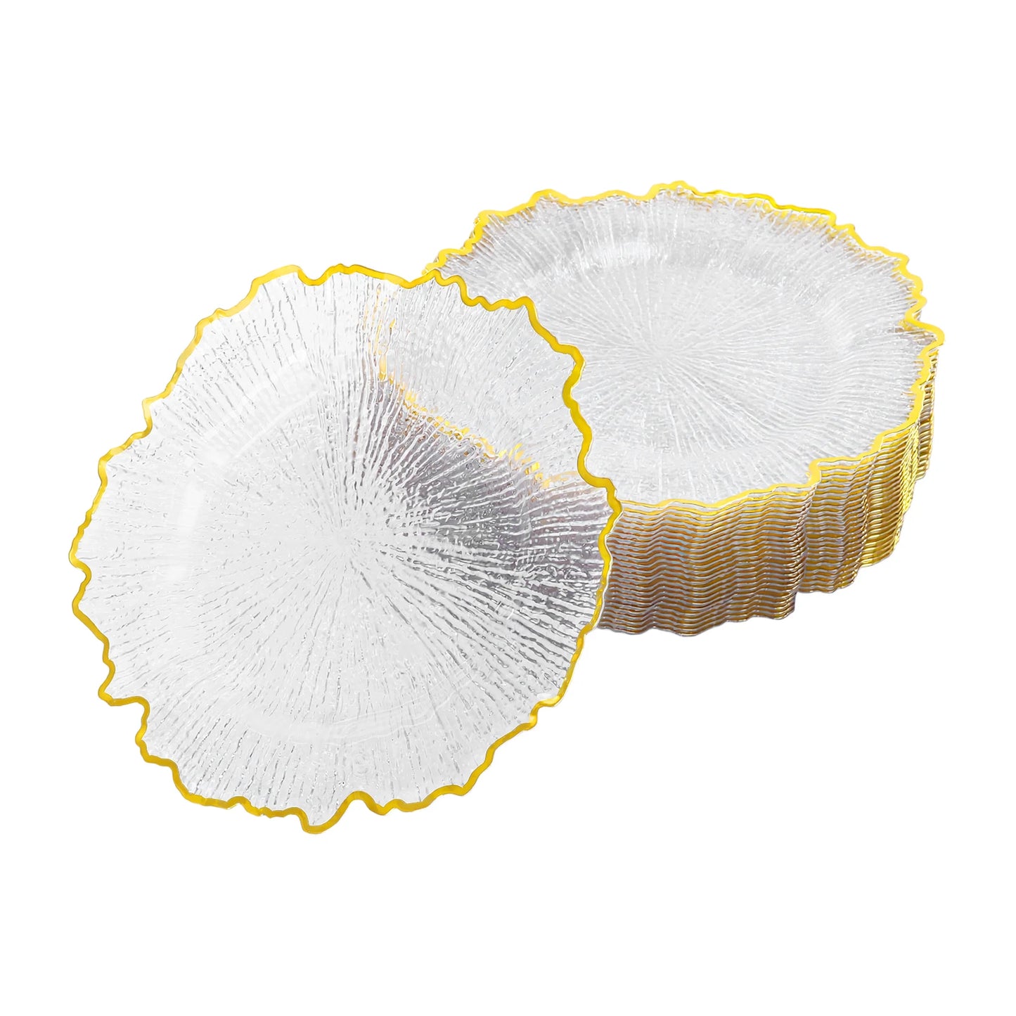 25 Pack Clear Plastic Charger Plates Round Rim With Reef Textured Rim