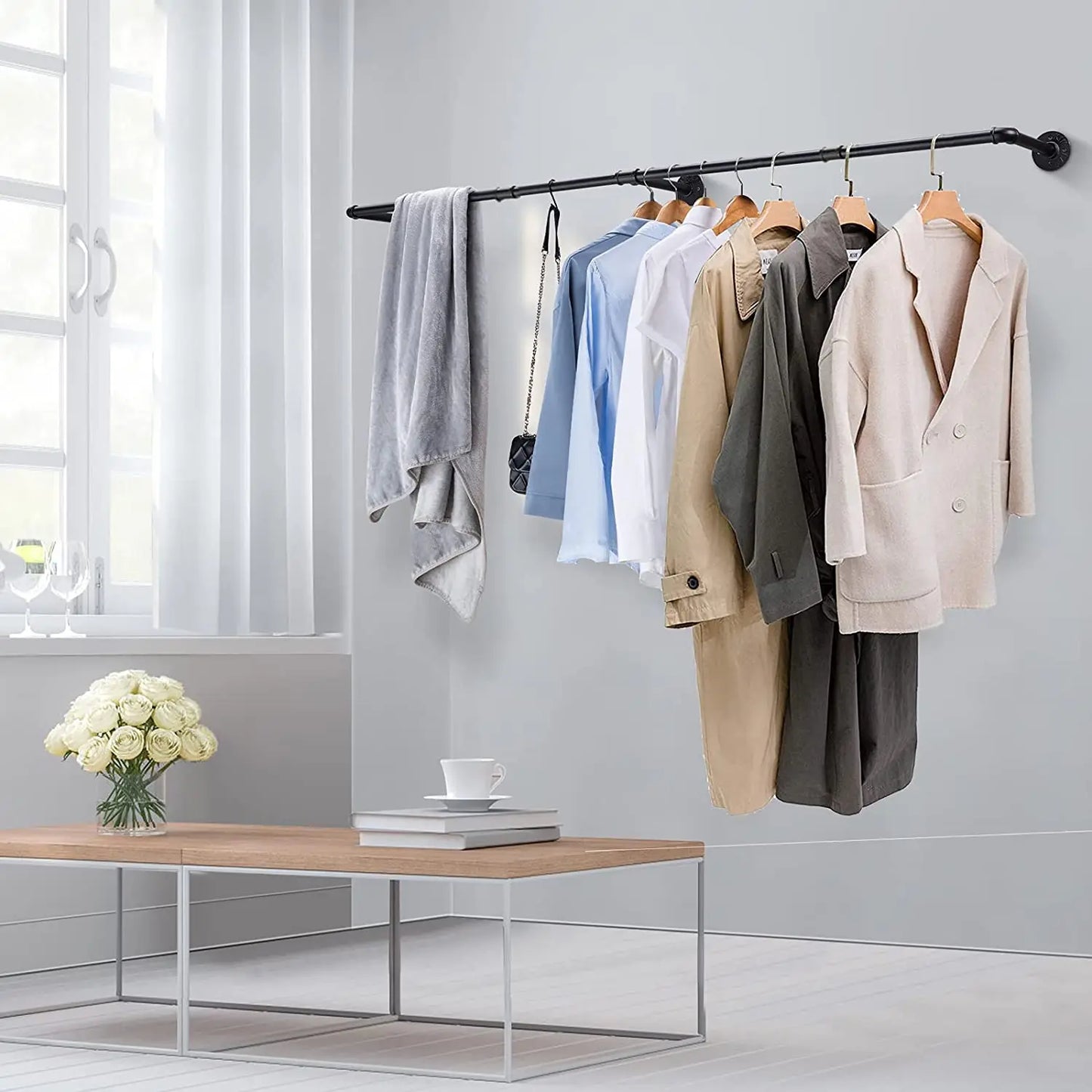 None Industrial Pipe Wall Mounted Clothes Rack With Hooks