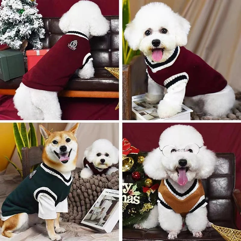 Winter Warm Dog Sweater College Style V Neck Knitwear Dogs