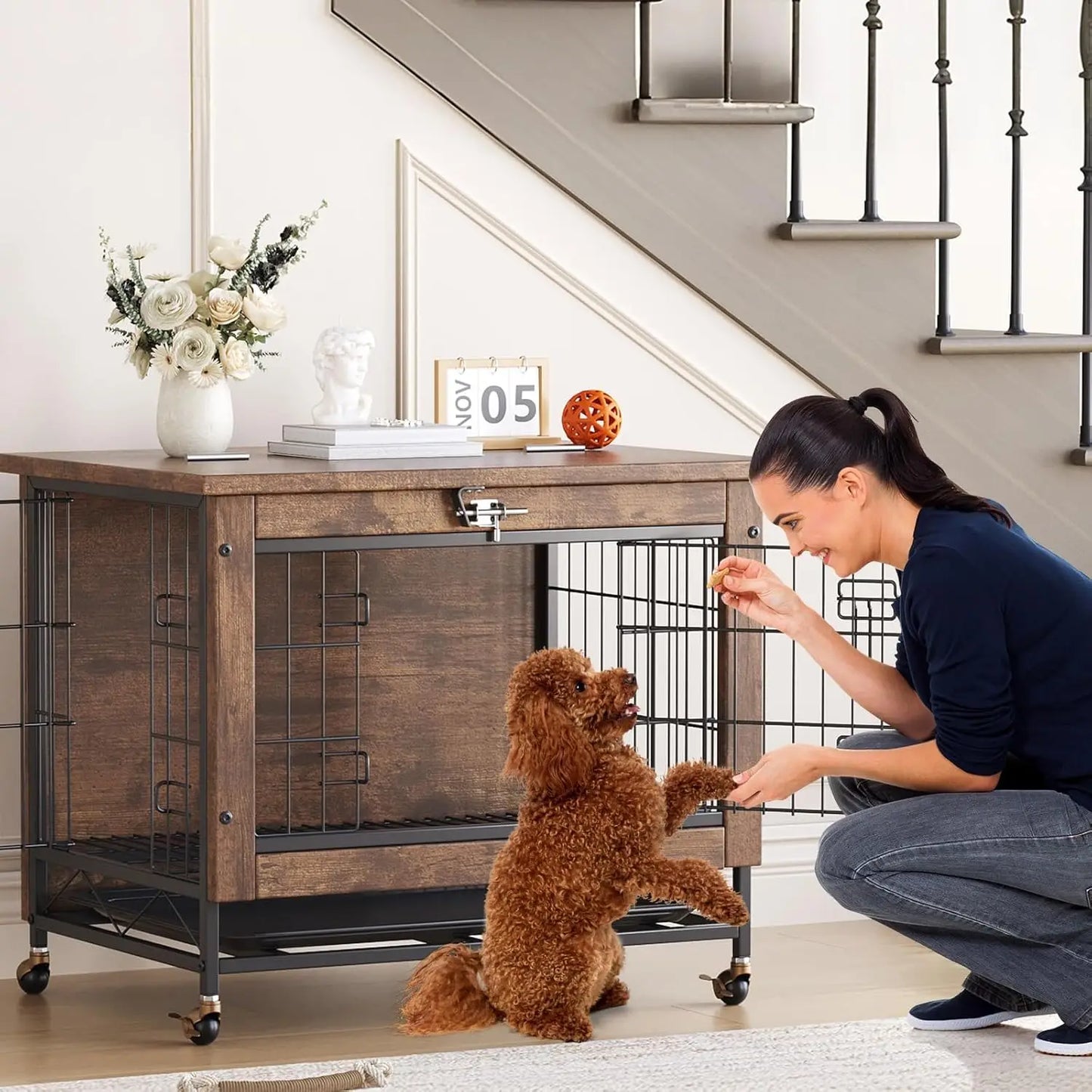HiMISS Rustic Dog Crate Furniture With Wheels End Table Kennel