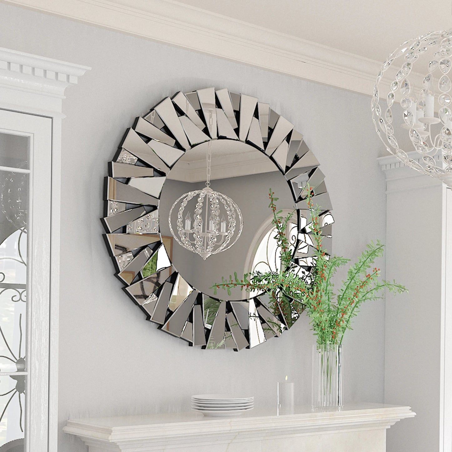 Sunburst Round Wall Mirror With Beveled Silver Glass