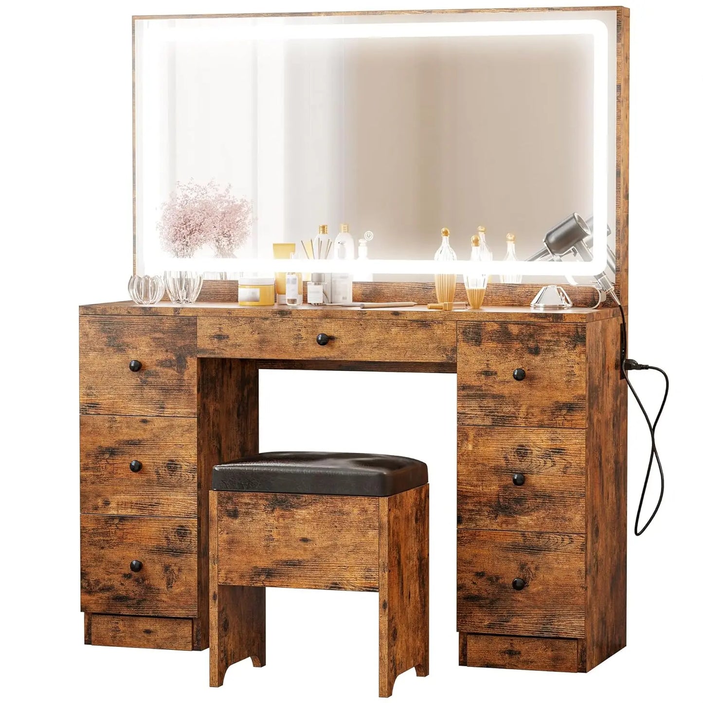 Vanity Makeup Desk Set With Led Mirror And Power Outlet