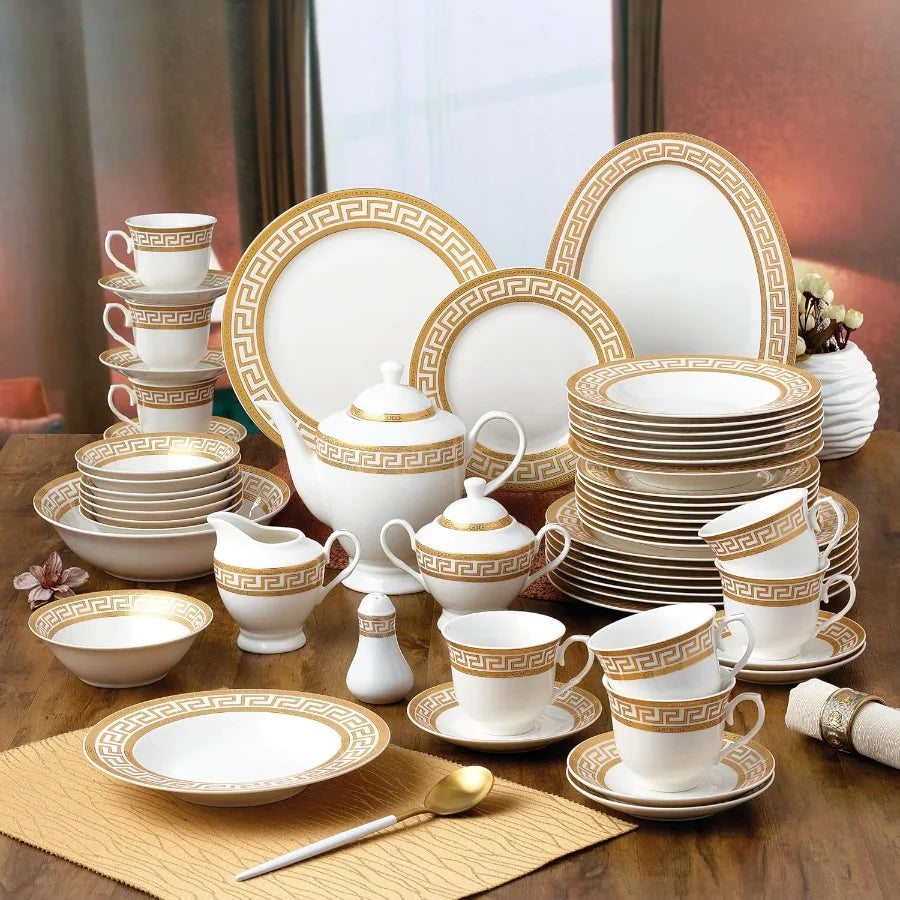 Bone China Dinnerware Set For 8 With Greek Key Pattern