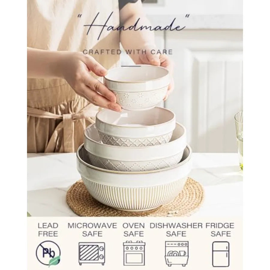 Ceramic Stoneware Nesting Serving Bowls Set Microwave Safe Dishwasher Safe