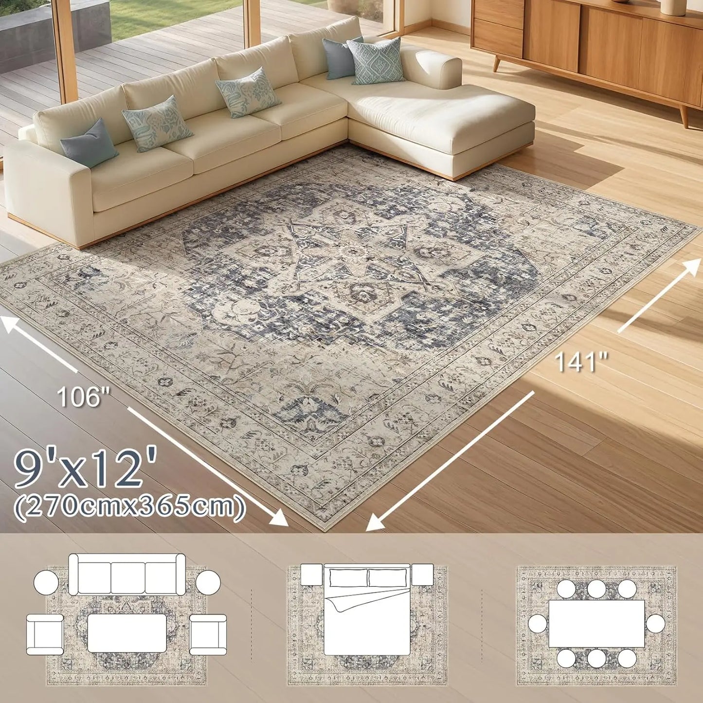 Washable Vintage Boho Rug For Living Room Decor And Comfort