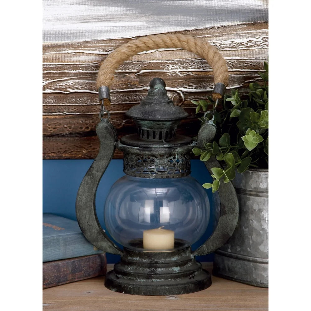 Rustic Metal Lantern Candle Holder With Rope Handle