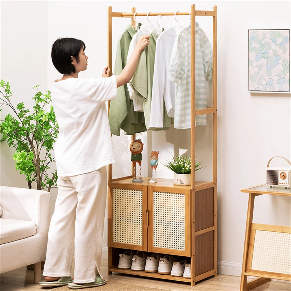 Bamboo Garment Rack Heavy Duty Coat Stand Wardrobe With Shelves