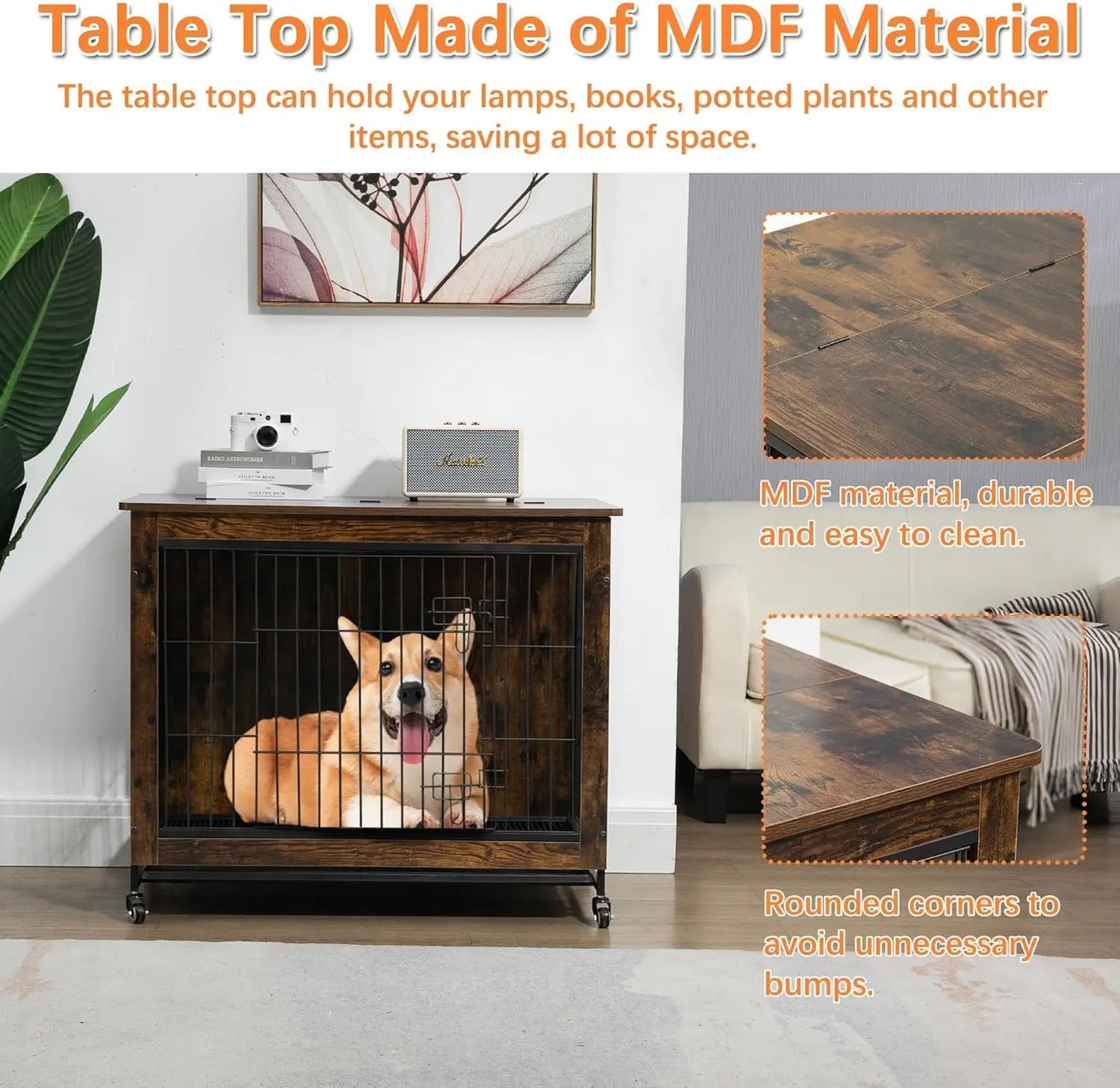 HiMISS Rustic Dog Crate Furniture With Wheels End Table Kennel