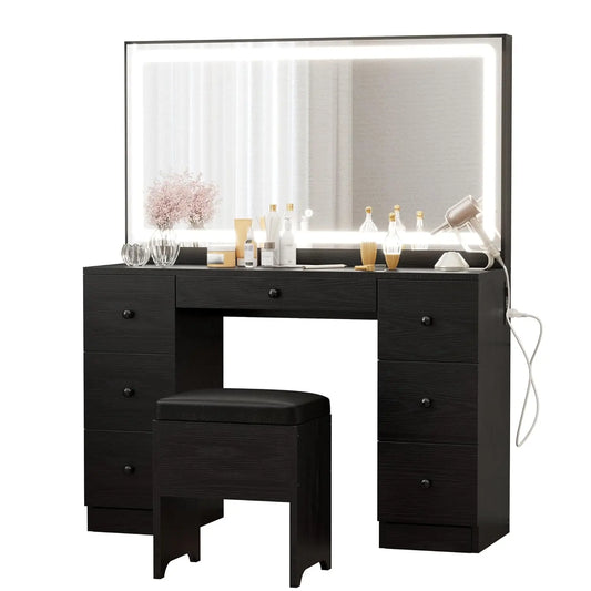Vanity Makeup Desk Set With LED Lighted Mirror And Power Outlet