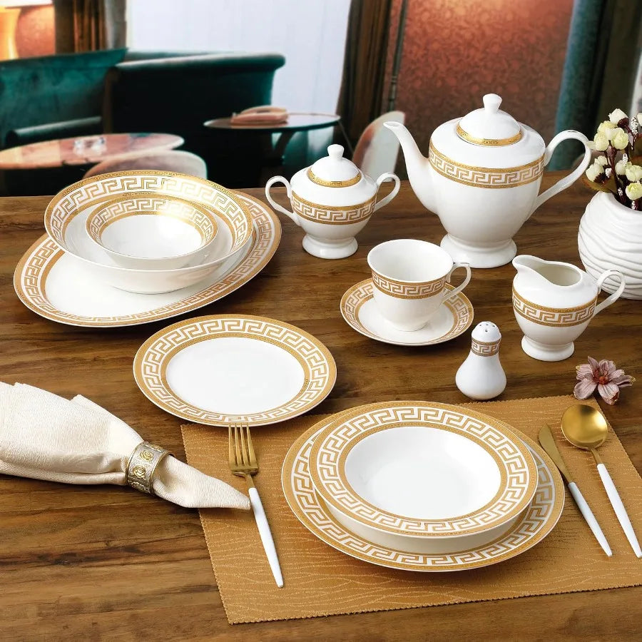 Bone China Dinnerware Set For 8 With Greek Key Pattern