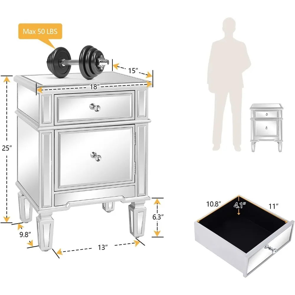 Mirrored Nightstand Bedside Table With Drawer And Cabinet