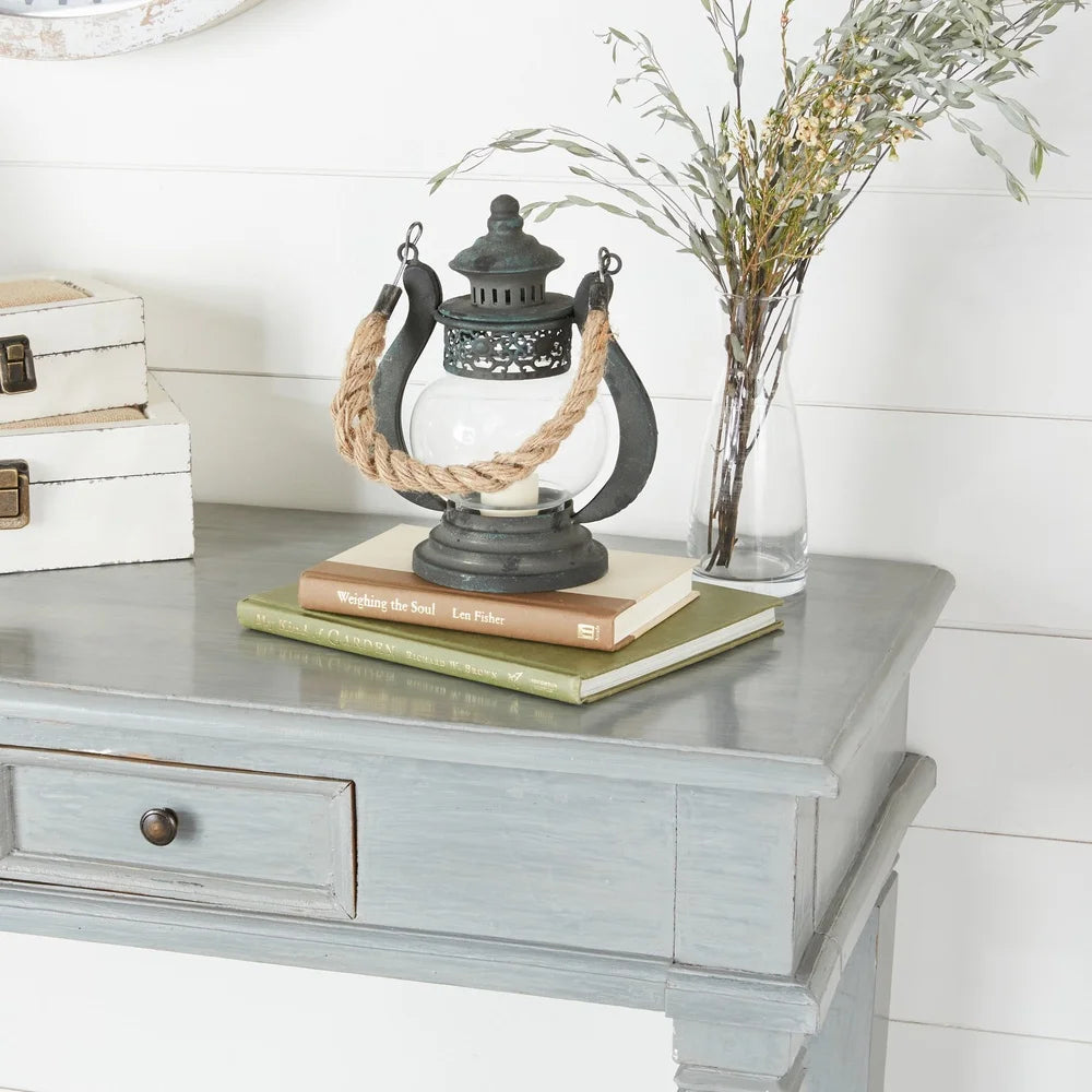 Rustic Metal Lantern Candle Holder With Rope Handle