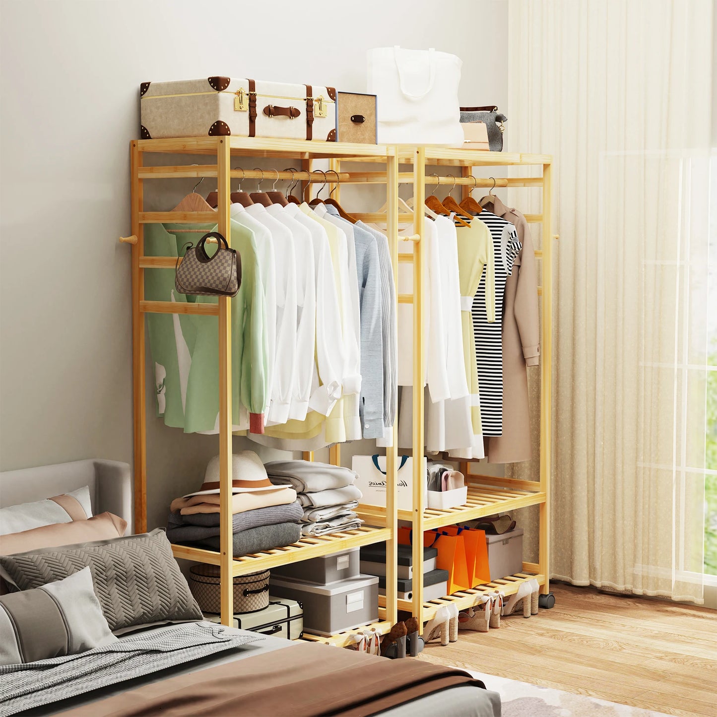 Heavy Duty Bamboo Clothes Rail Rack With Side Hooks