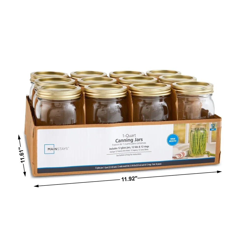 Clear Glass Wide-Mouth Canning Jars With Airtight Lids 12-Count