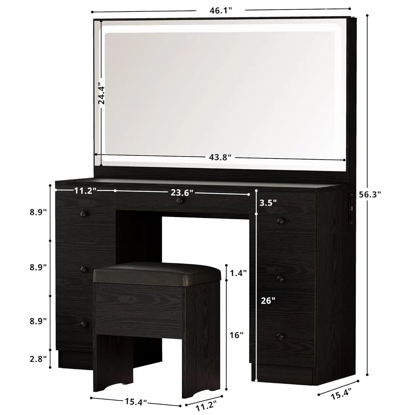 Vanity Makeup Desk Set With LED Lighted Mirror And Power Outlet
